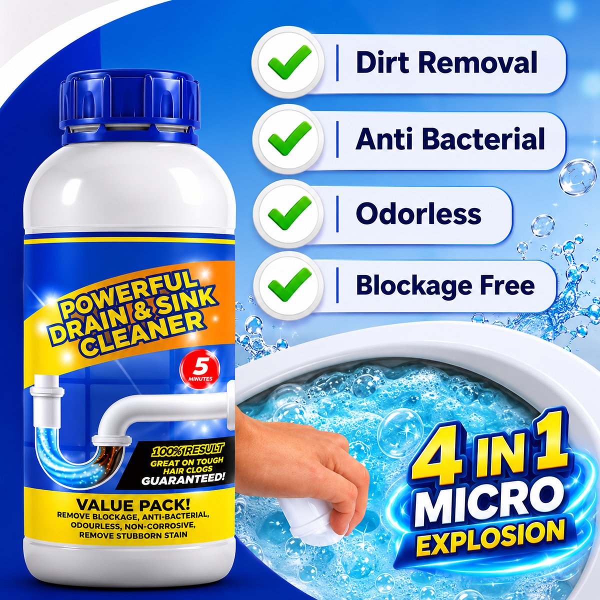 (DH) Sanitizo Powerful Drain & Sink Cleaner Powder 100 gm Each(Pack of 4)