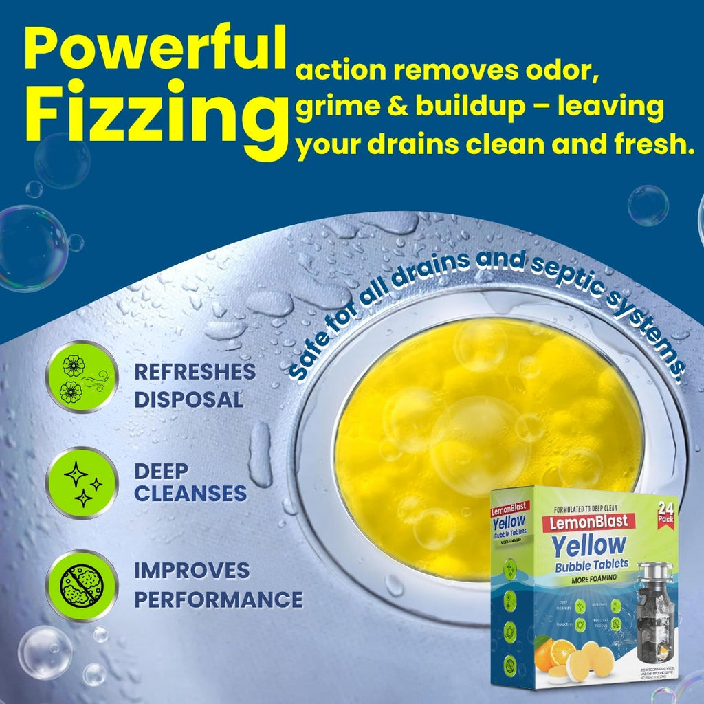 LEMONBLAST YELLOW BUBBLE TABLETS – ODOR ELIMINATOR + BLOCKAGE REMOVER (PACK OF 24)